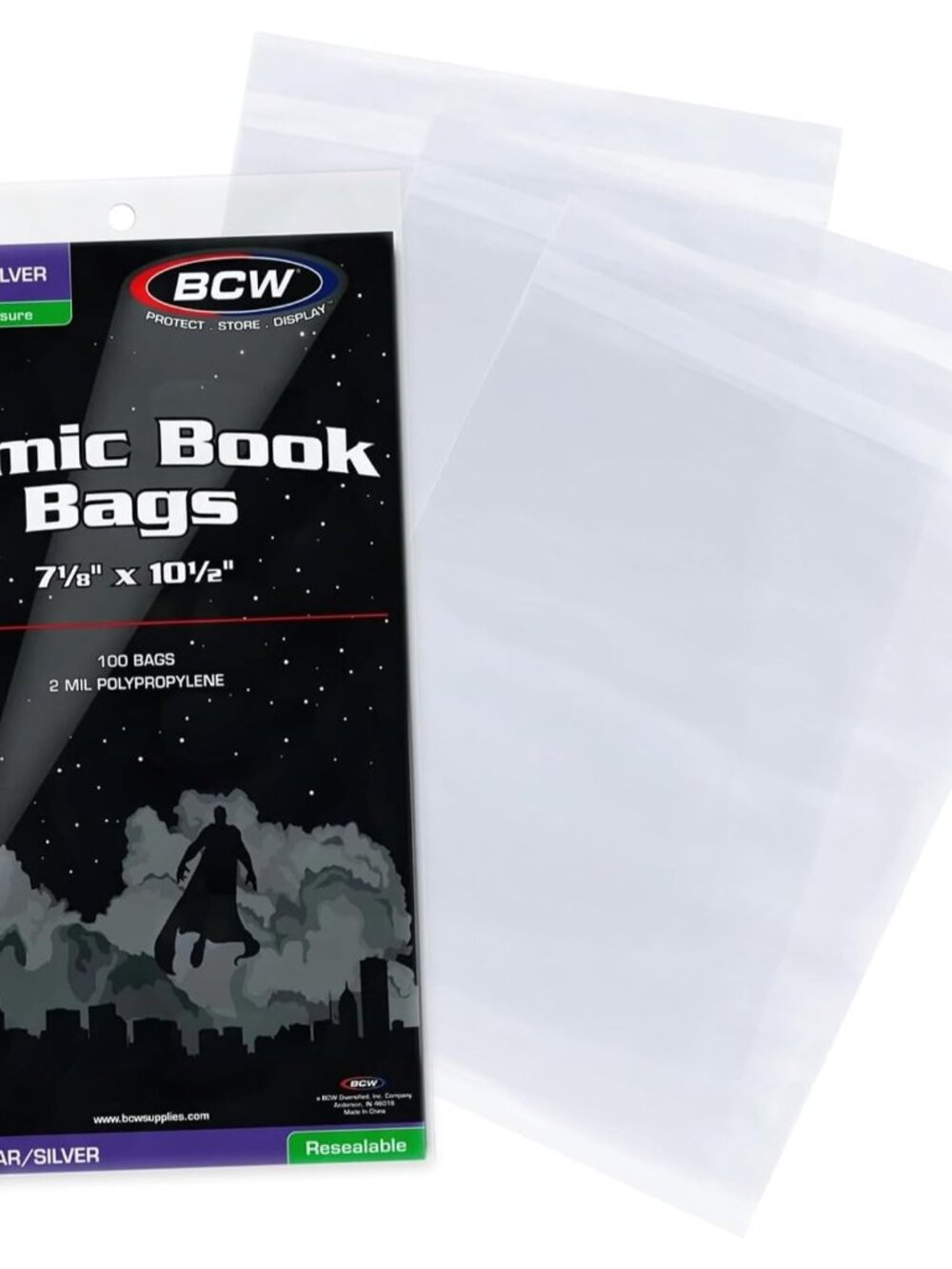 Resealable Silver Age Comic Bags, Acid-Free, 7 1/8 x 10 1/2, 100 Count